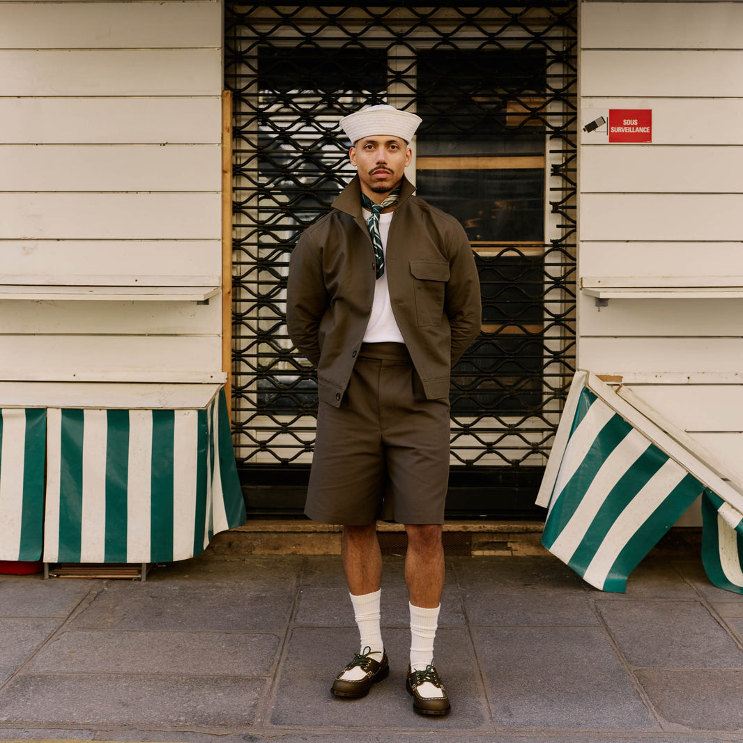 Chaussure bateau en cuir bicolore kaki, crème