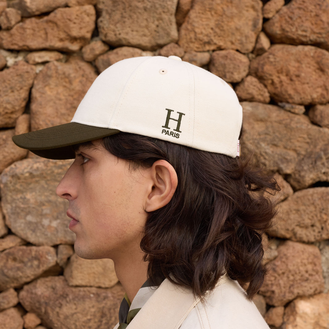Ecru and khaki cotton and linen cap