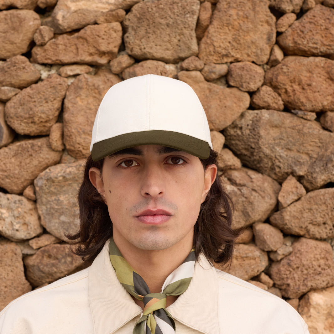 Ecru and khaki cotton and linen cap