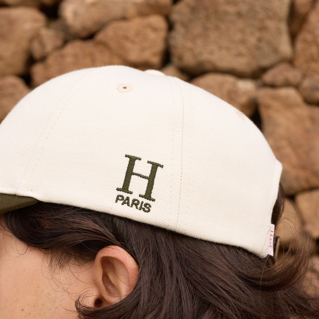 Ecru and khaki cotton and linen cap