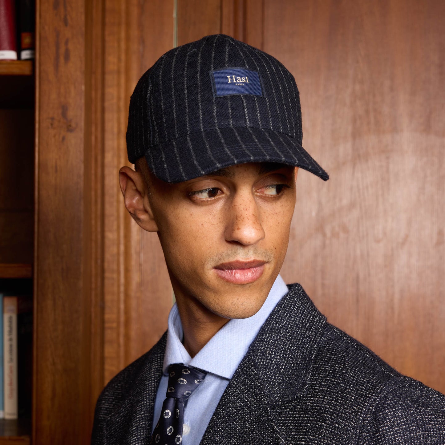 Navy wool cap with chalk stripes