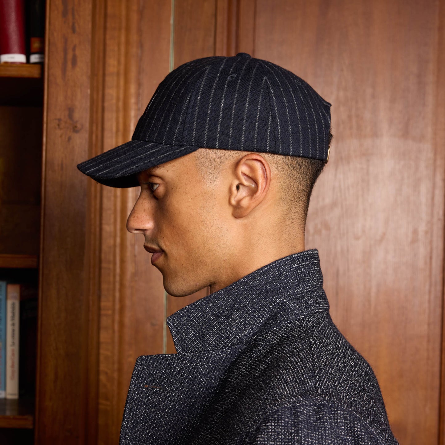 Navy wool cap with chalk stripes