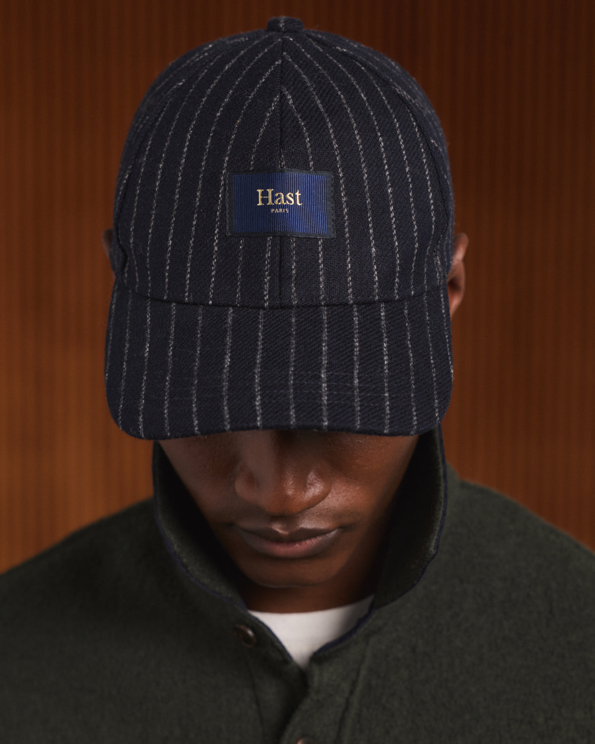 Navy wool cap with chalk stripes