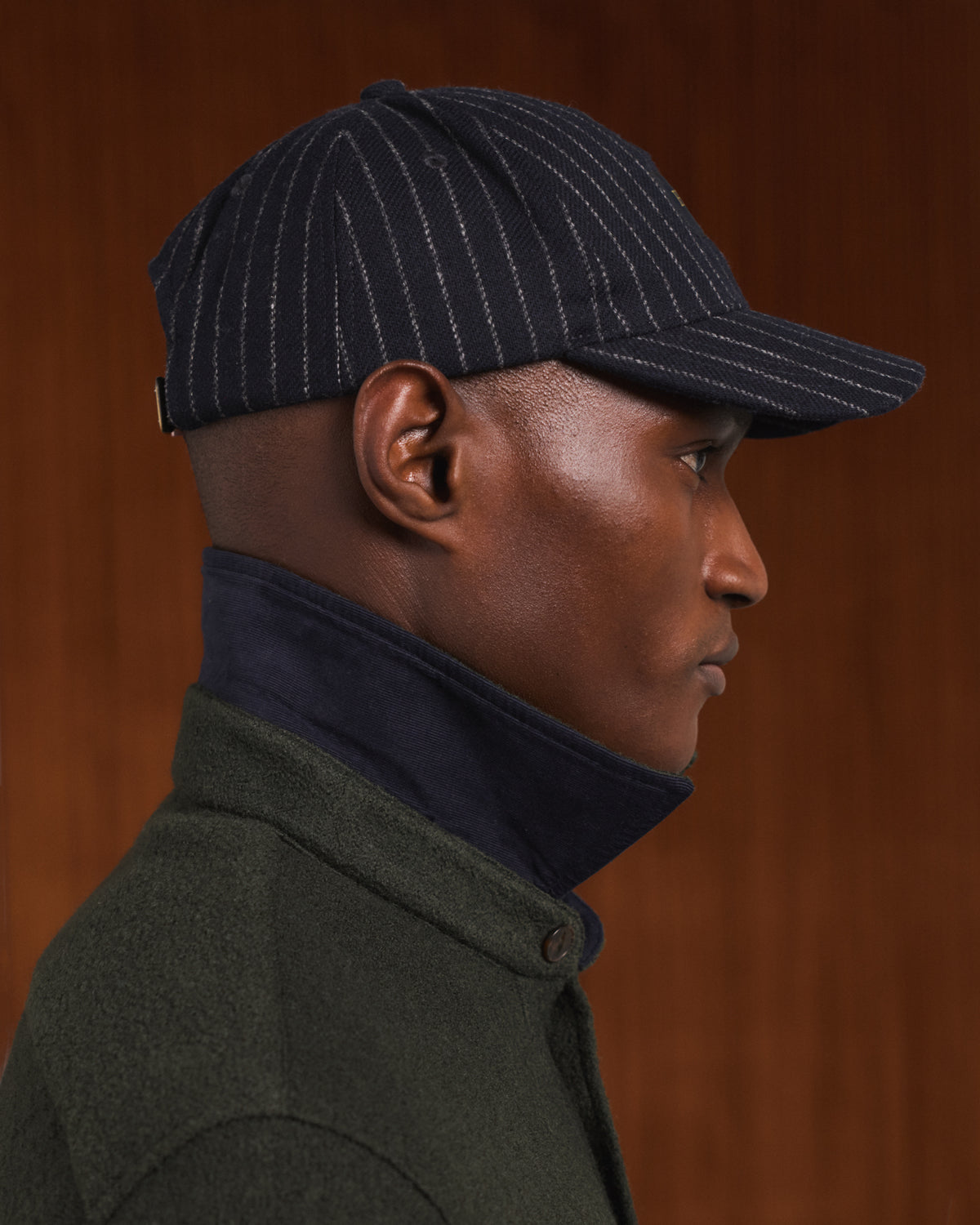 Navy wool cap with chalk stripes