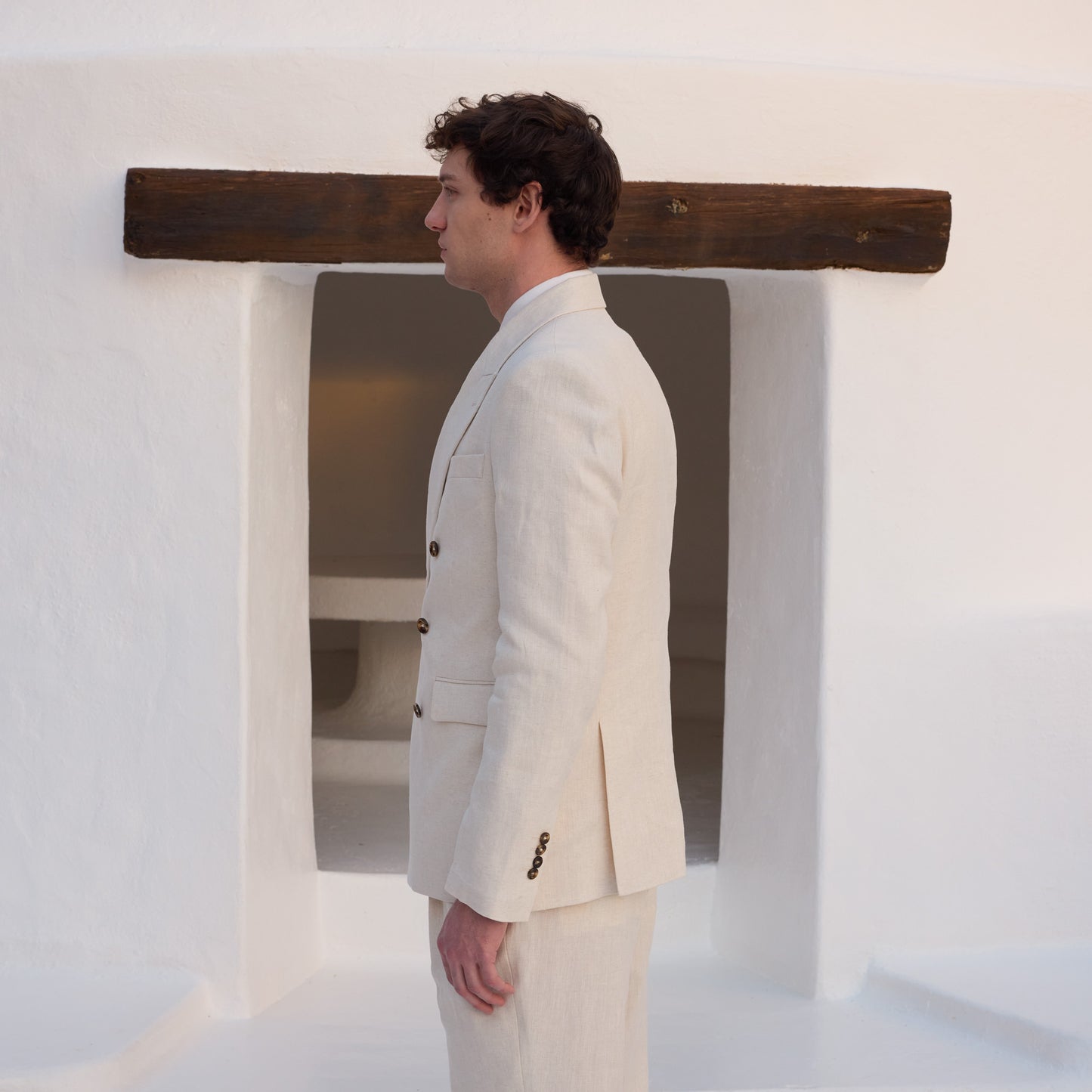 Beige double-breasted hemp and organic cotton jacket