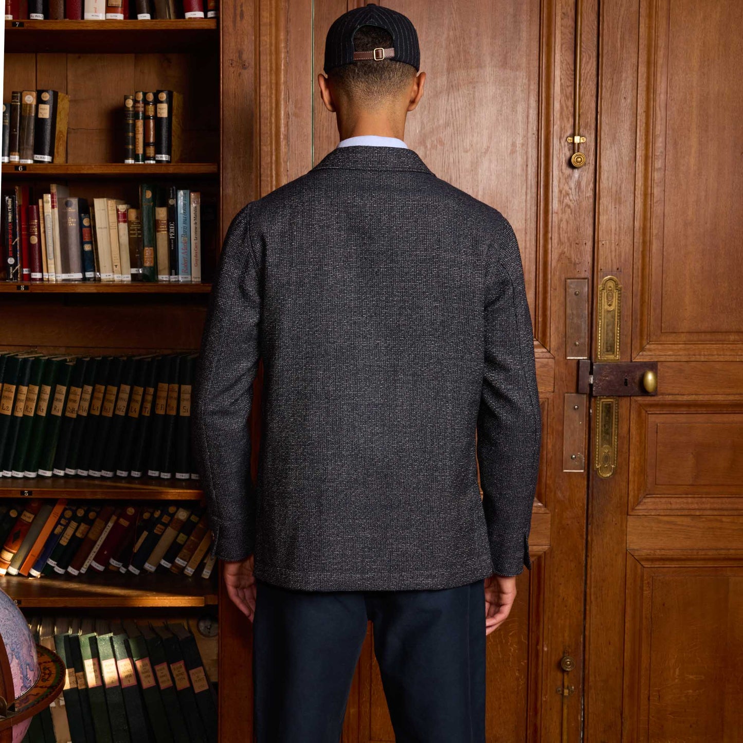 Unstructured tailored jacket in mottled navy wool