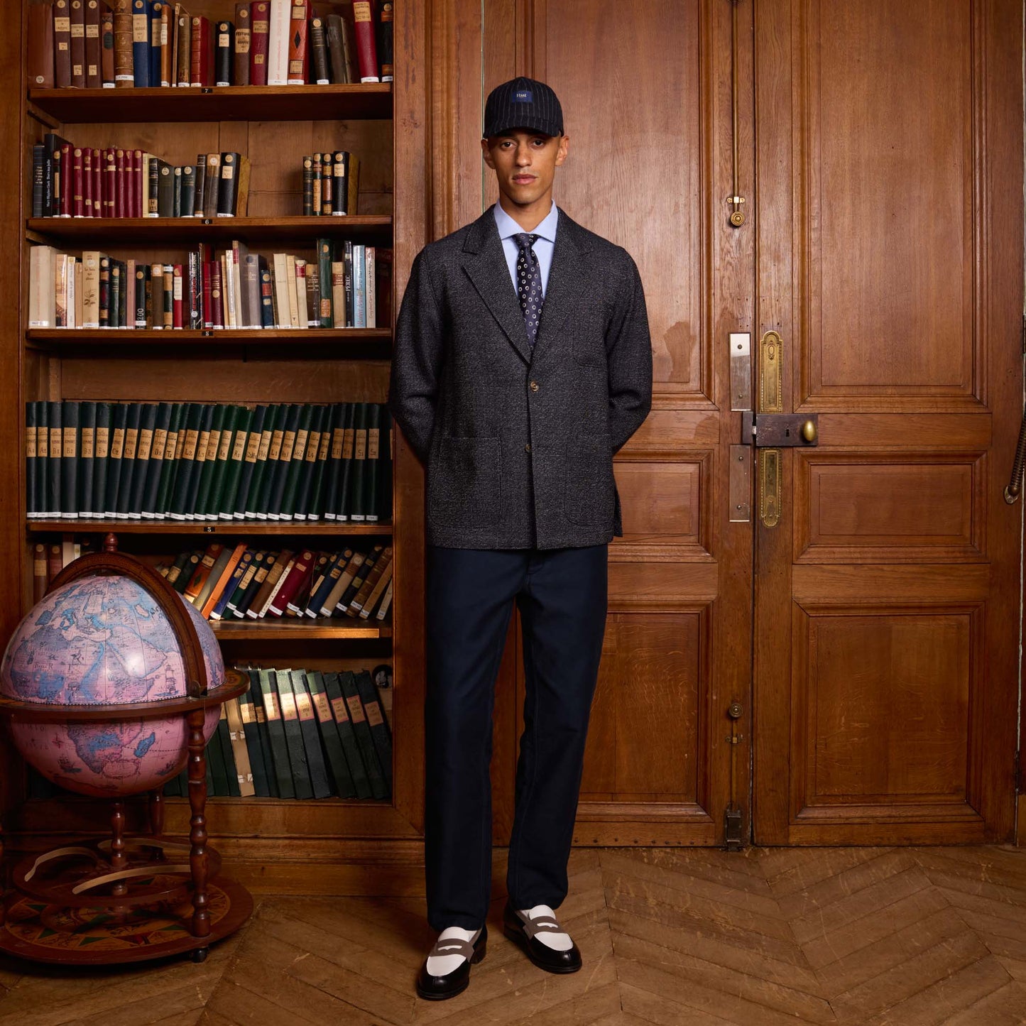 Unstructured tailored jacket in mottled navy wool