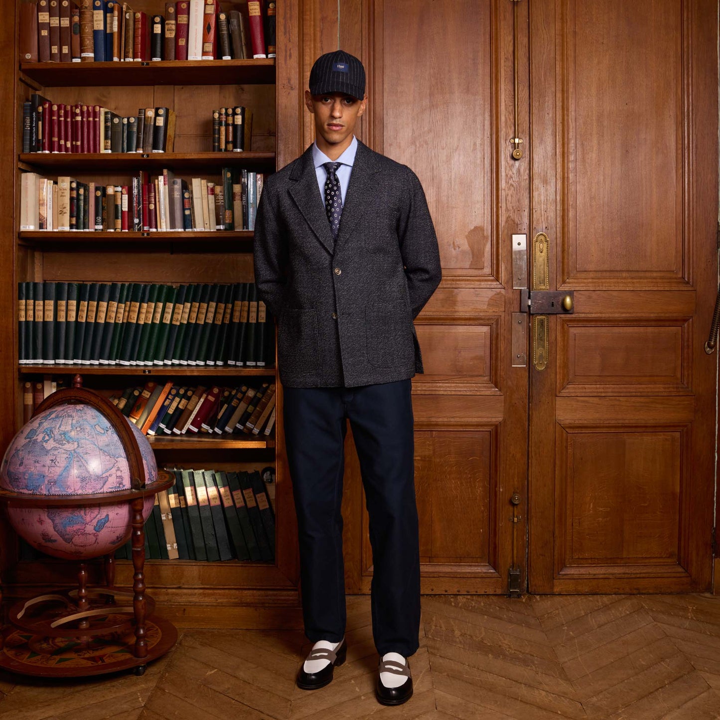 Unstructured tailored jacket in mottled navy wool