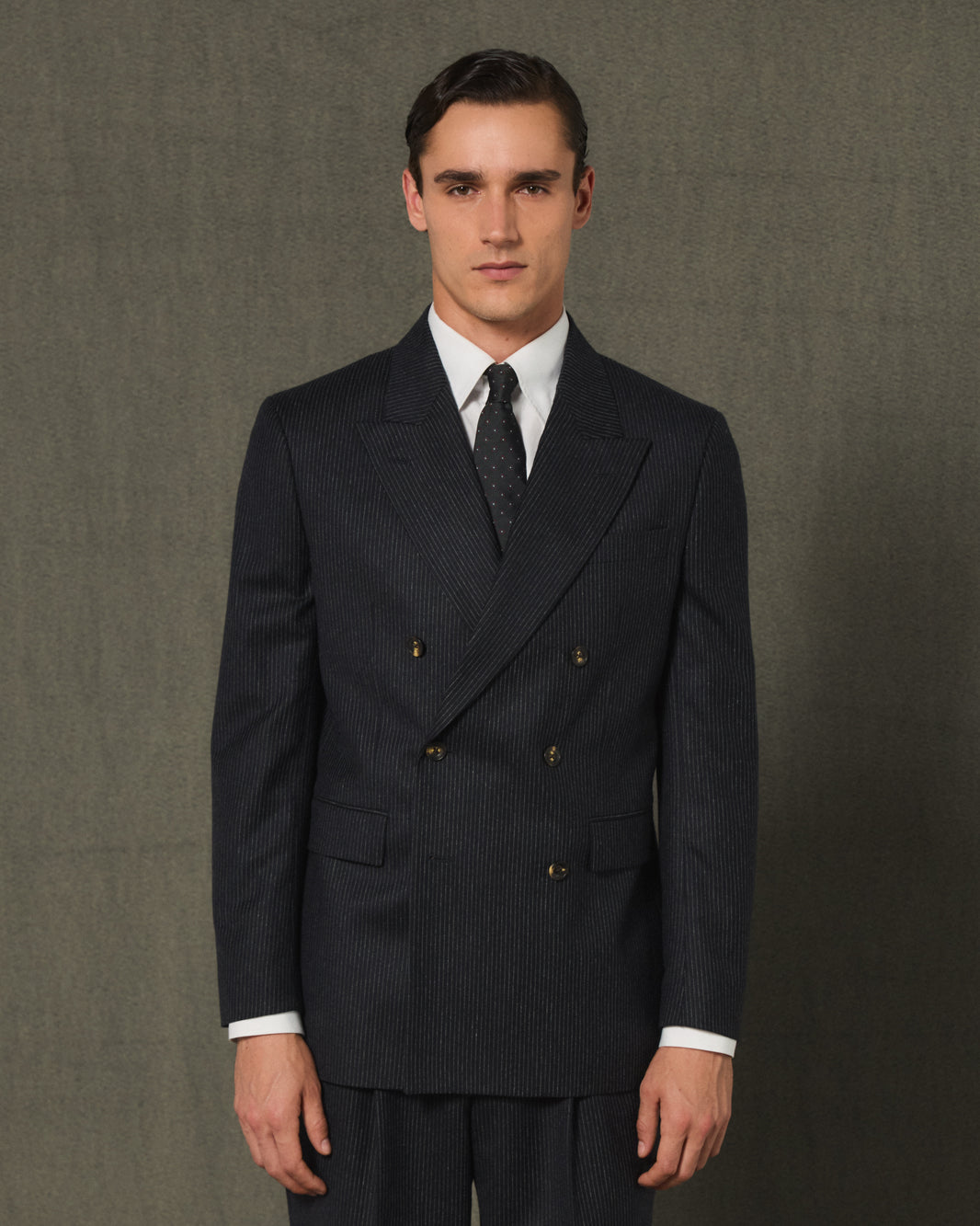 Navy striped flannel wool double-breasted jacket