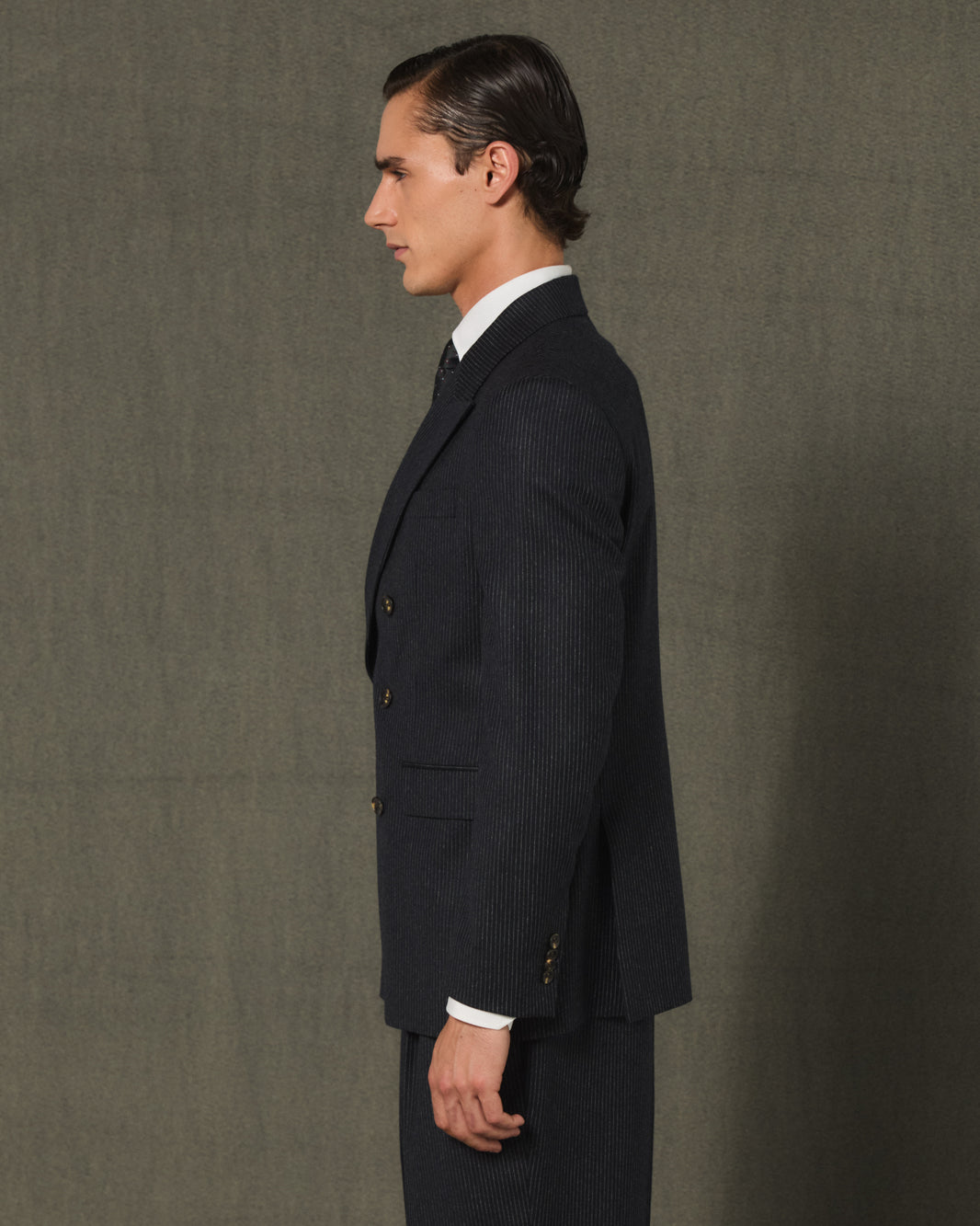Navy striped flannel wool double-breasted jacket