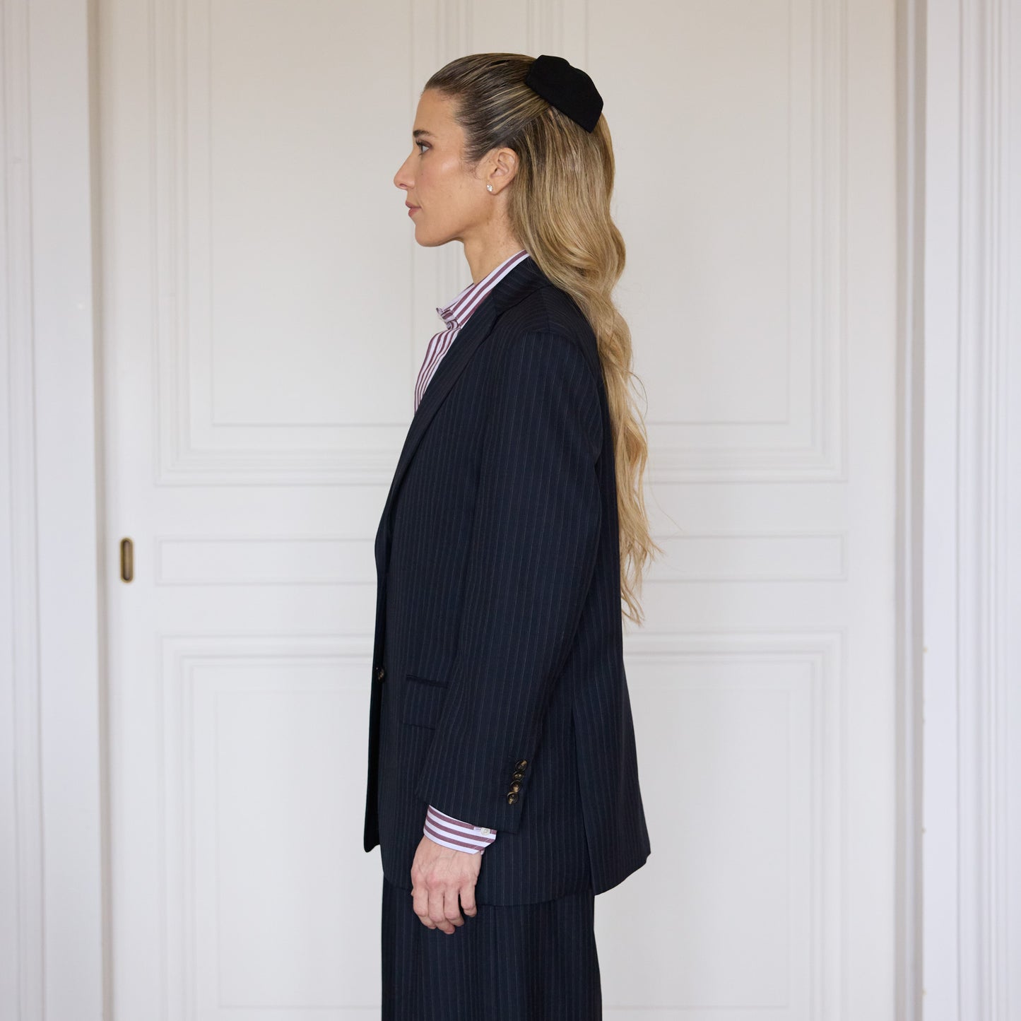 Veste tailleur en laine rayée marine