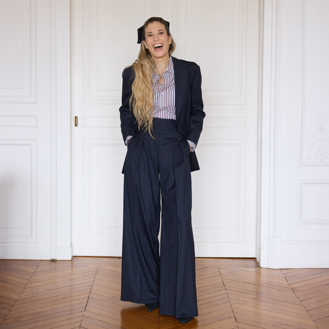 Veste tailleur en laine rayée marine