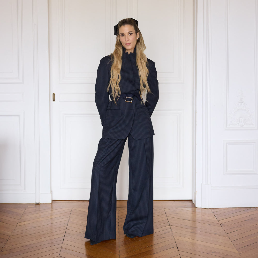 Veste tailleur en laine rayée marine