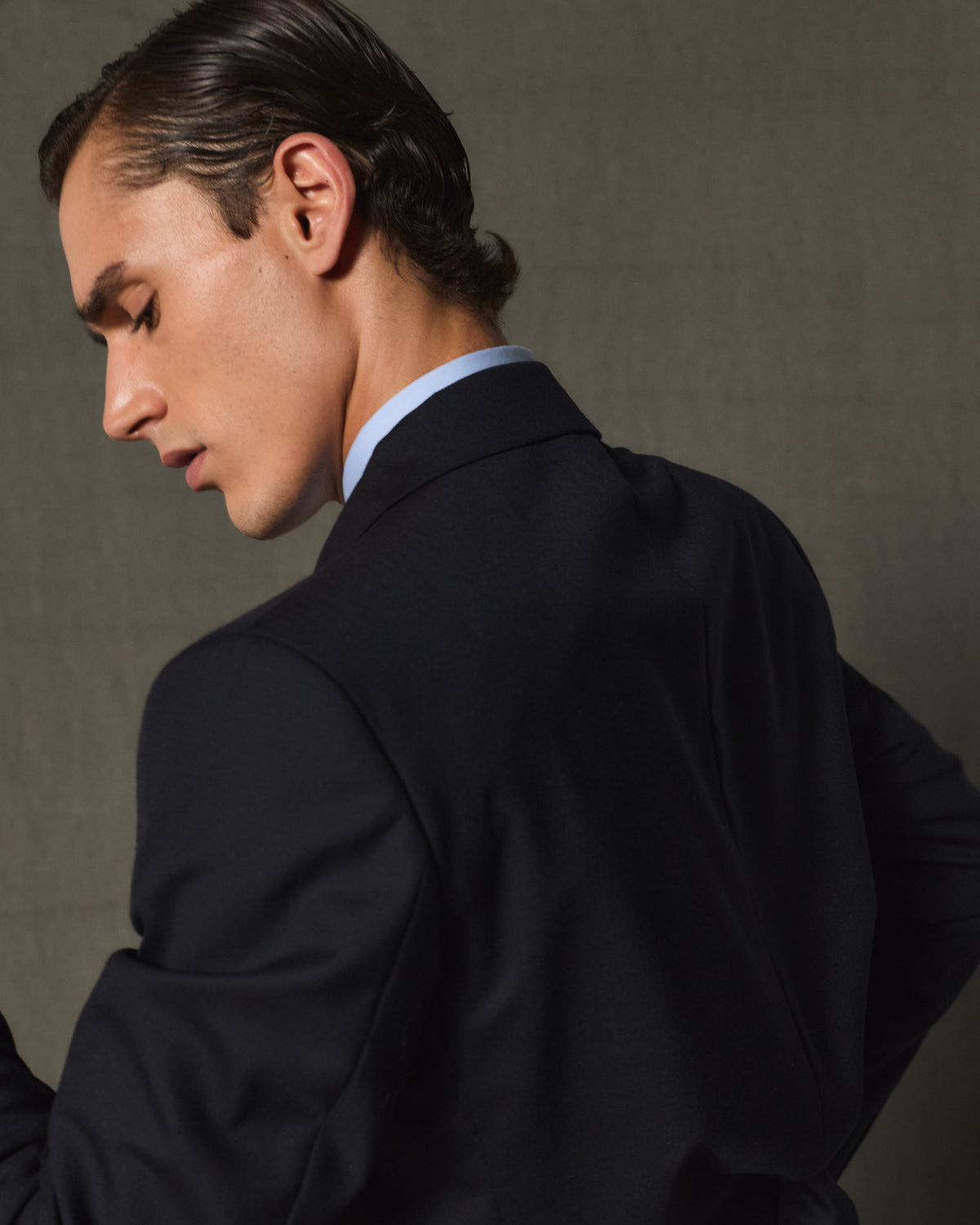 Navy wool formal suit, pleated trousers