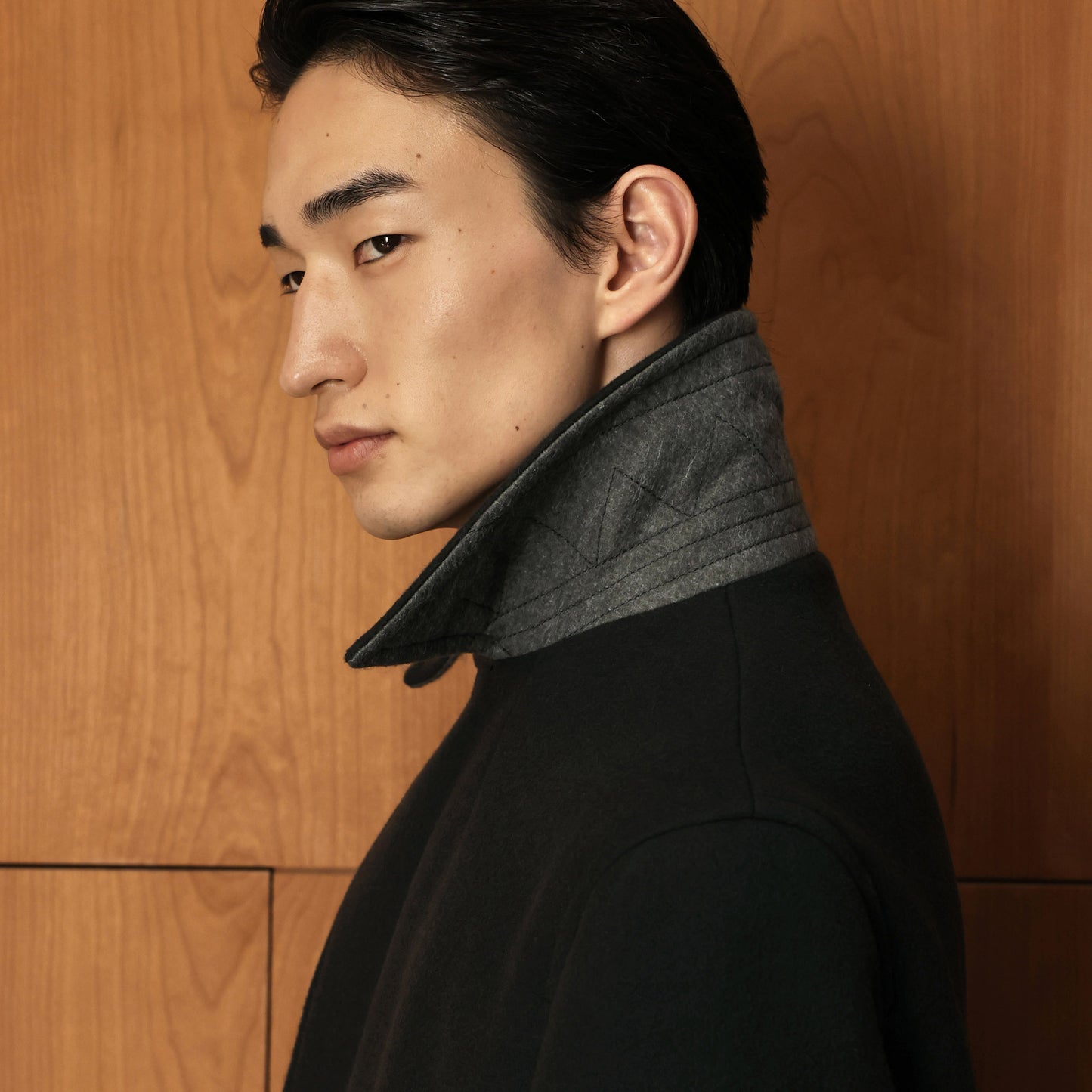 Double-breasted coat in green wool