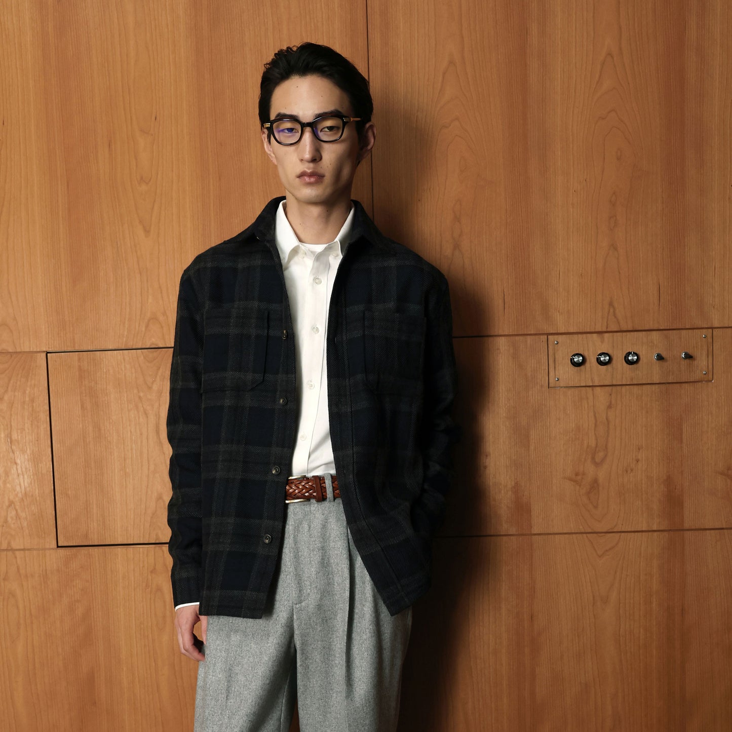 Surchemise tartan marine mohair et laine vierge