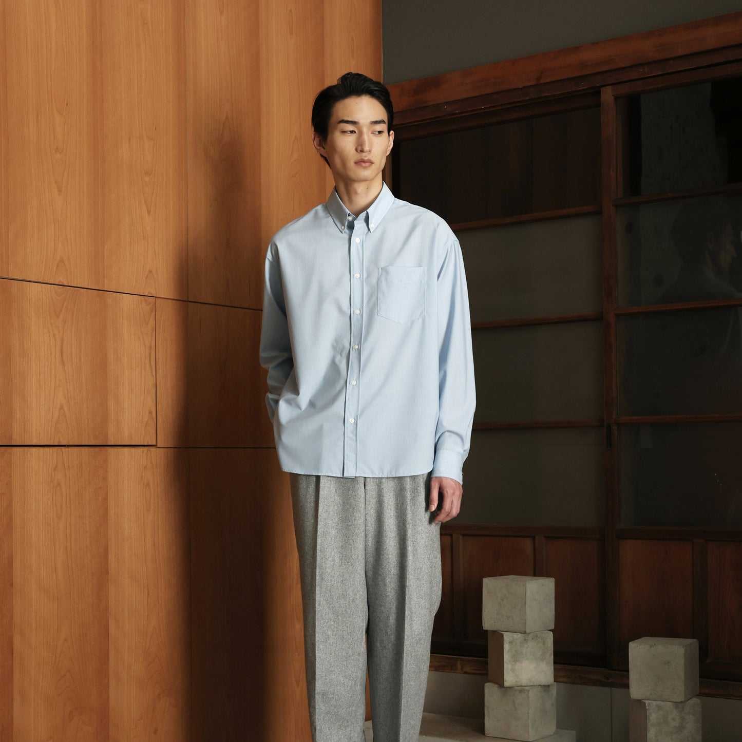 Casual blue wool shirt with thin stripes