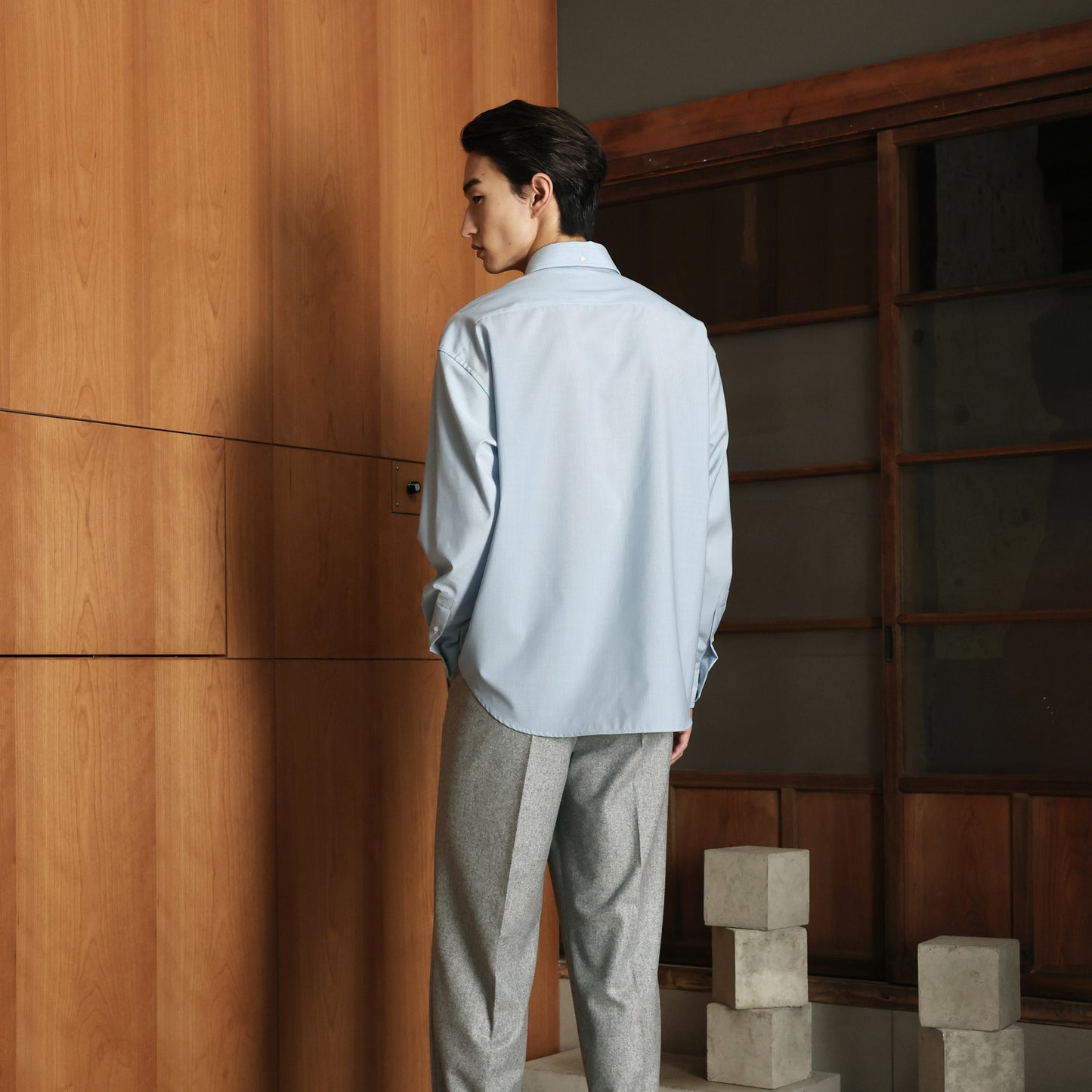 Casual blue wool shirt with thin stripes