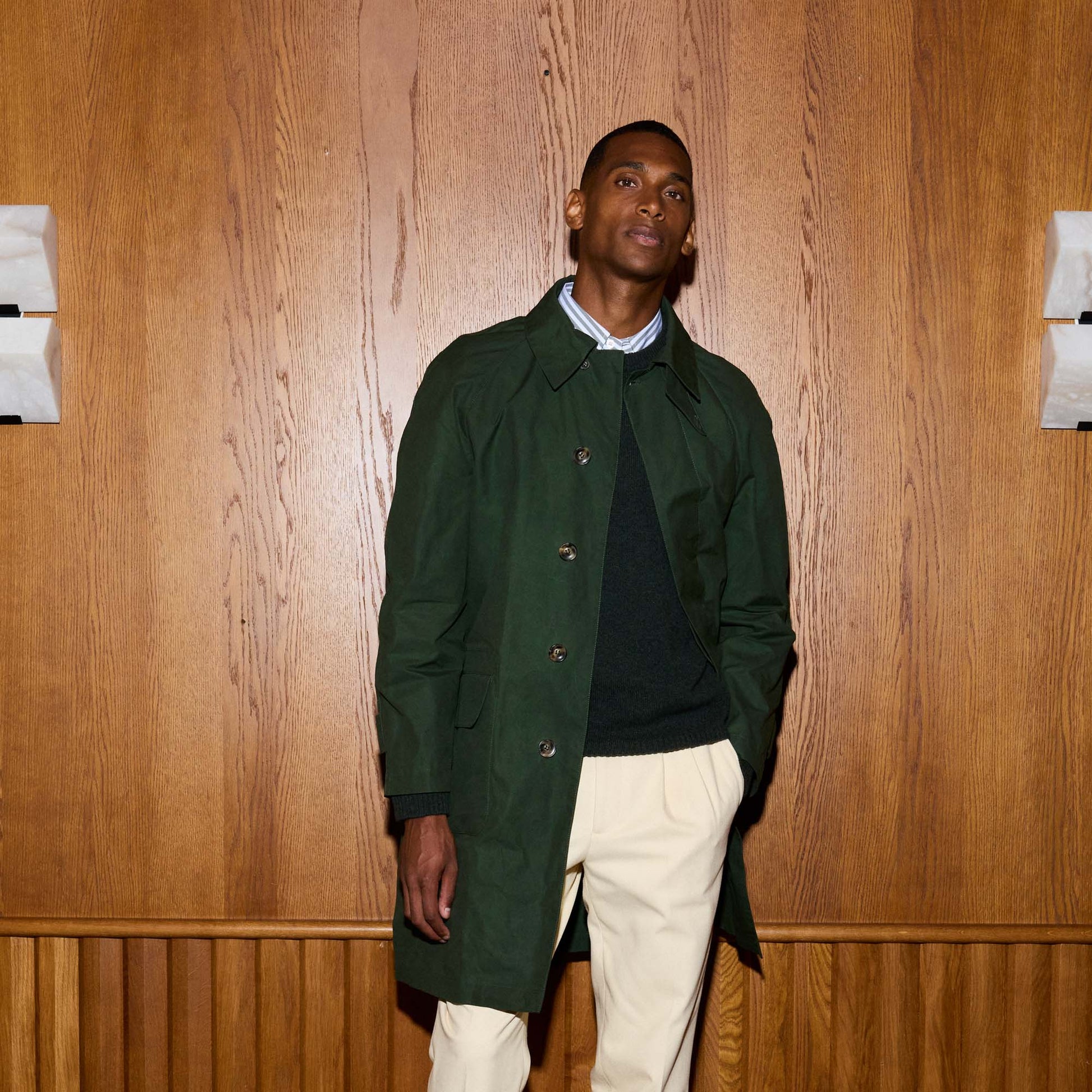 Balmacaan en coton ciré vert