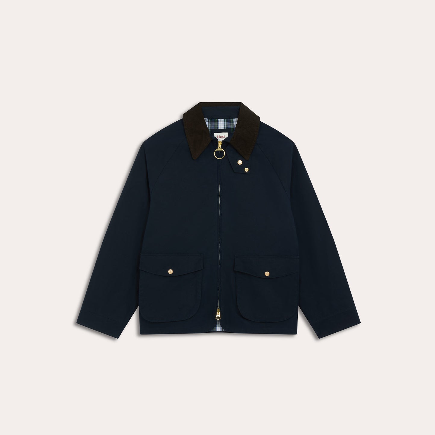 Blouson en coton ciré bleu col velours marron