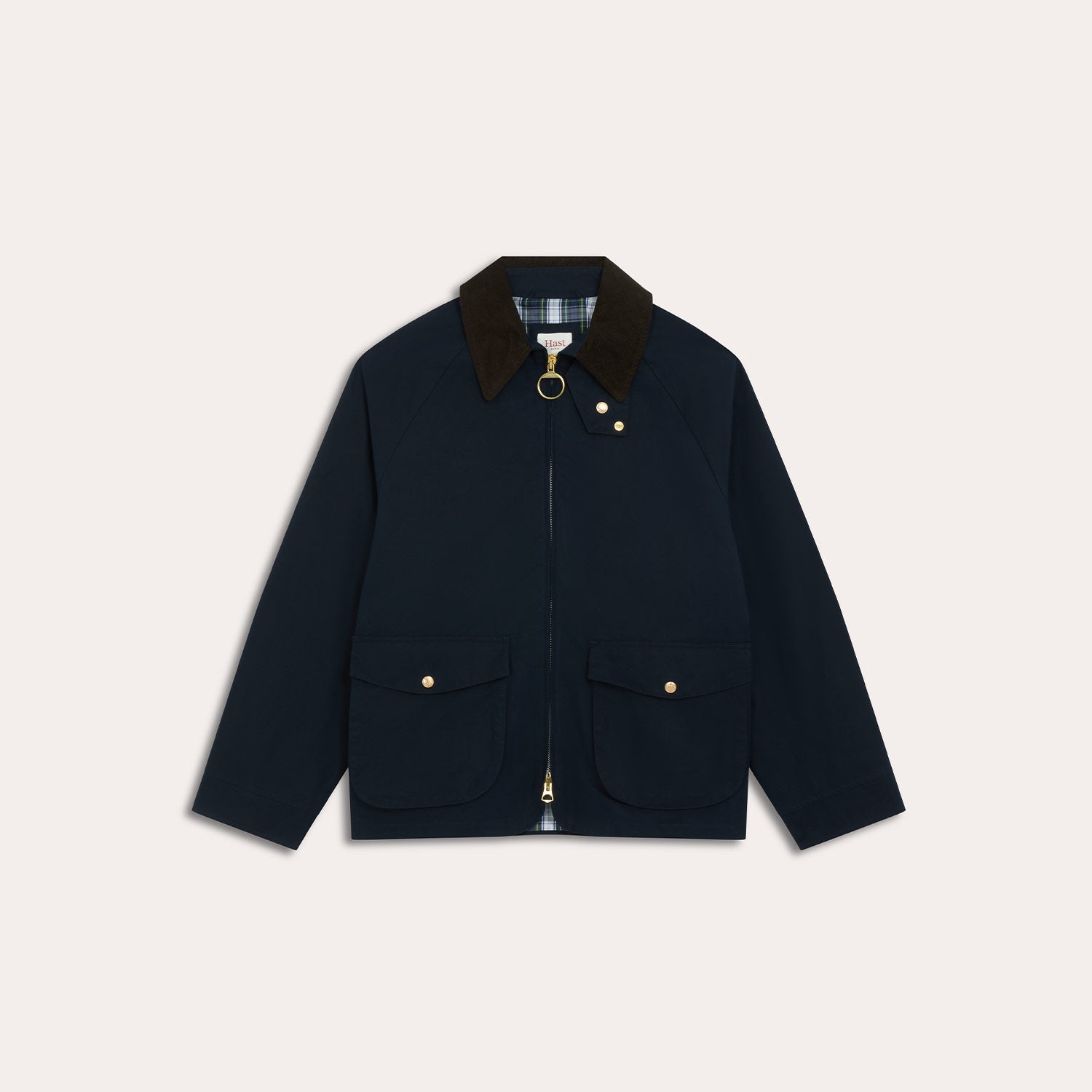 Blouson en coton ciré bleu col velours marron