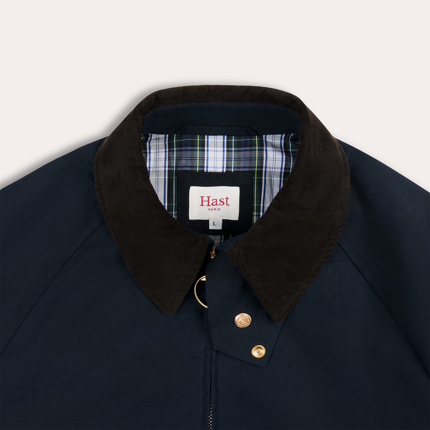 Blouson en coton ciré bleu col velours marron