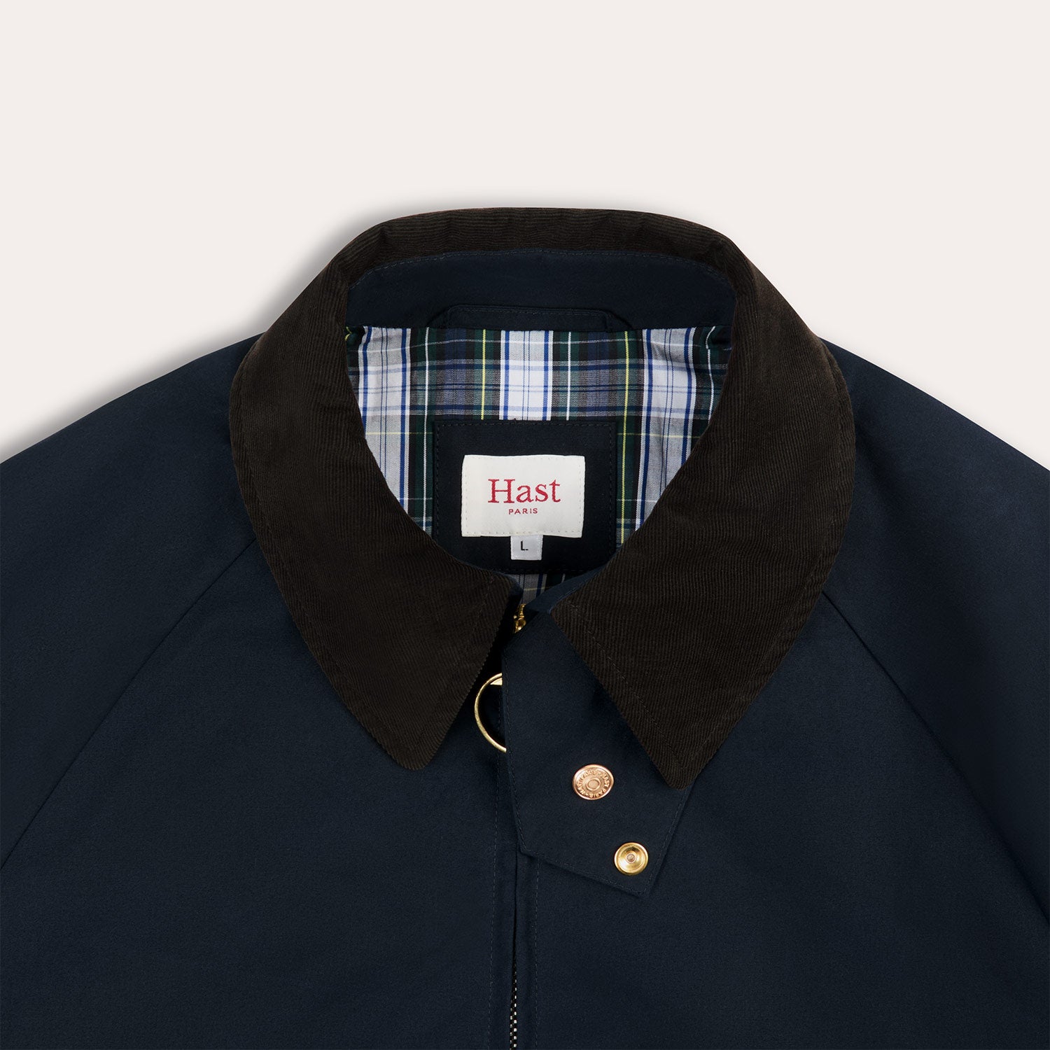 Blouson en coton ciré bleu col velours marron