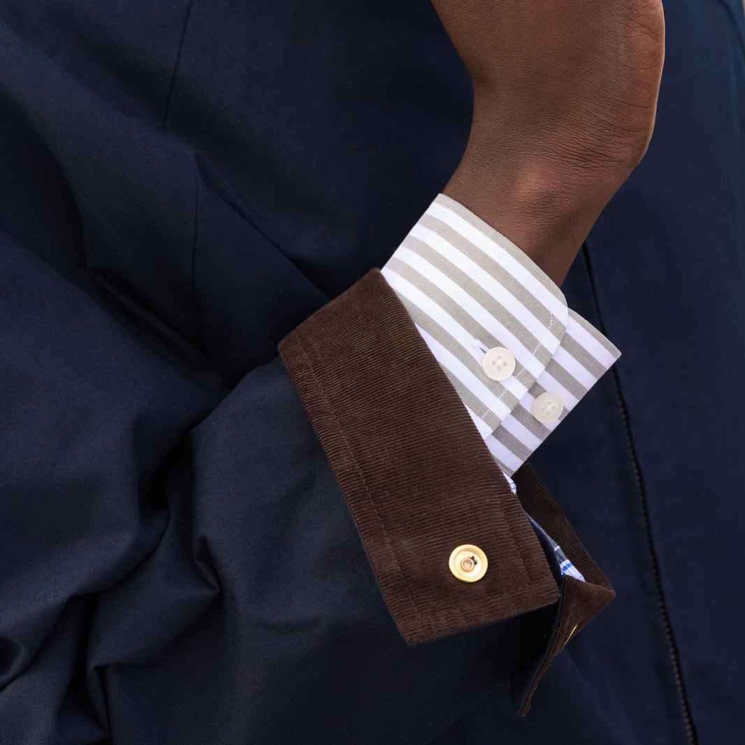 Blouson en coton ciré bleu col velours marron