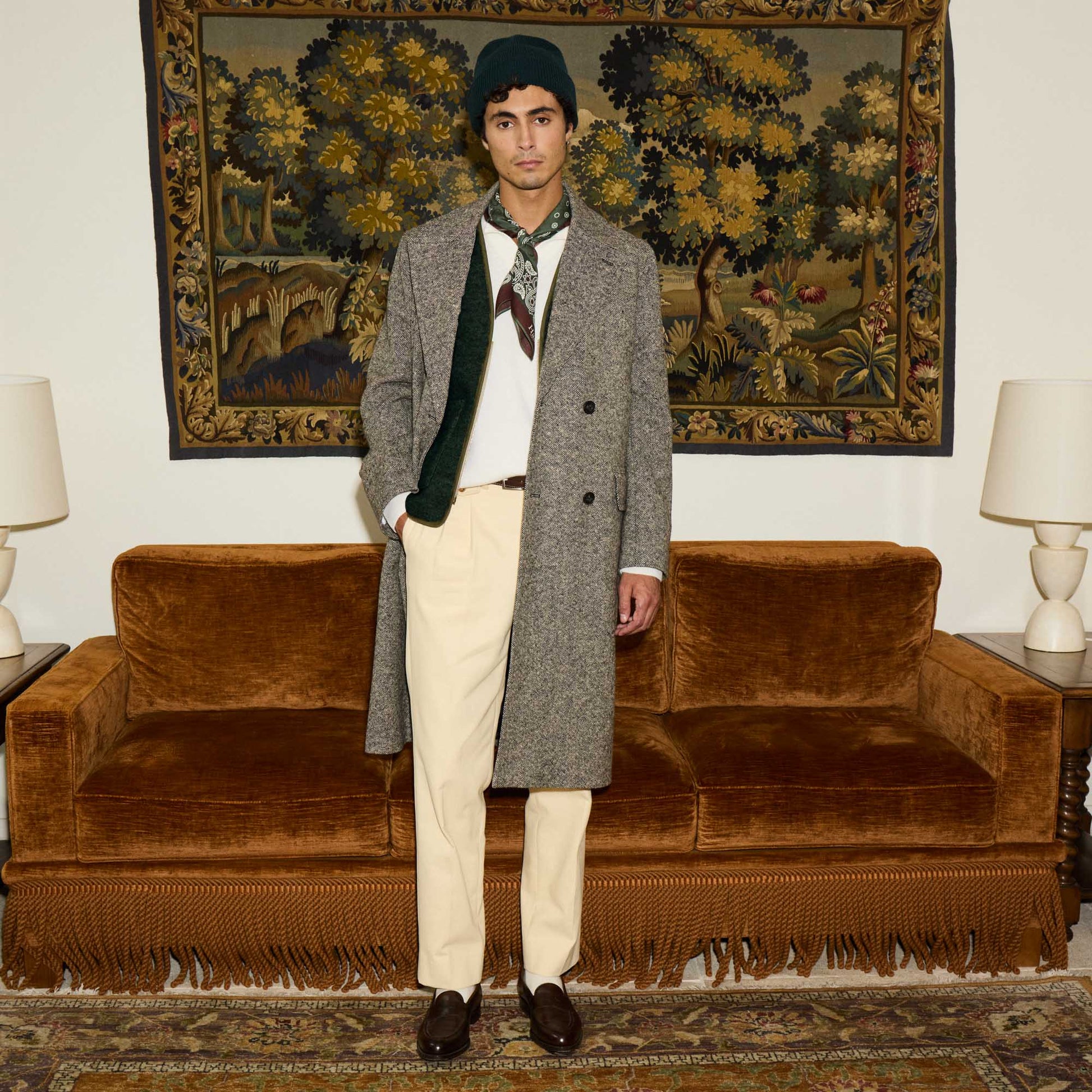 Manteau croisé en Donegal chiné écru et noir