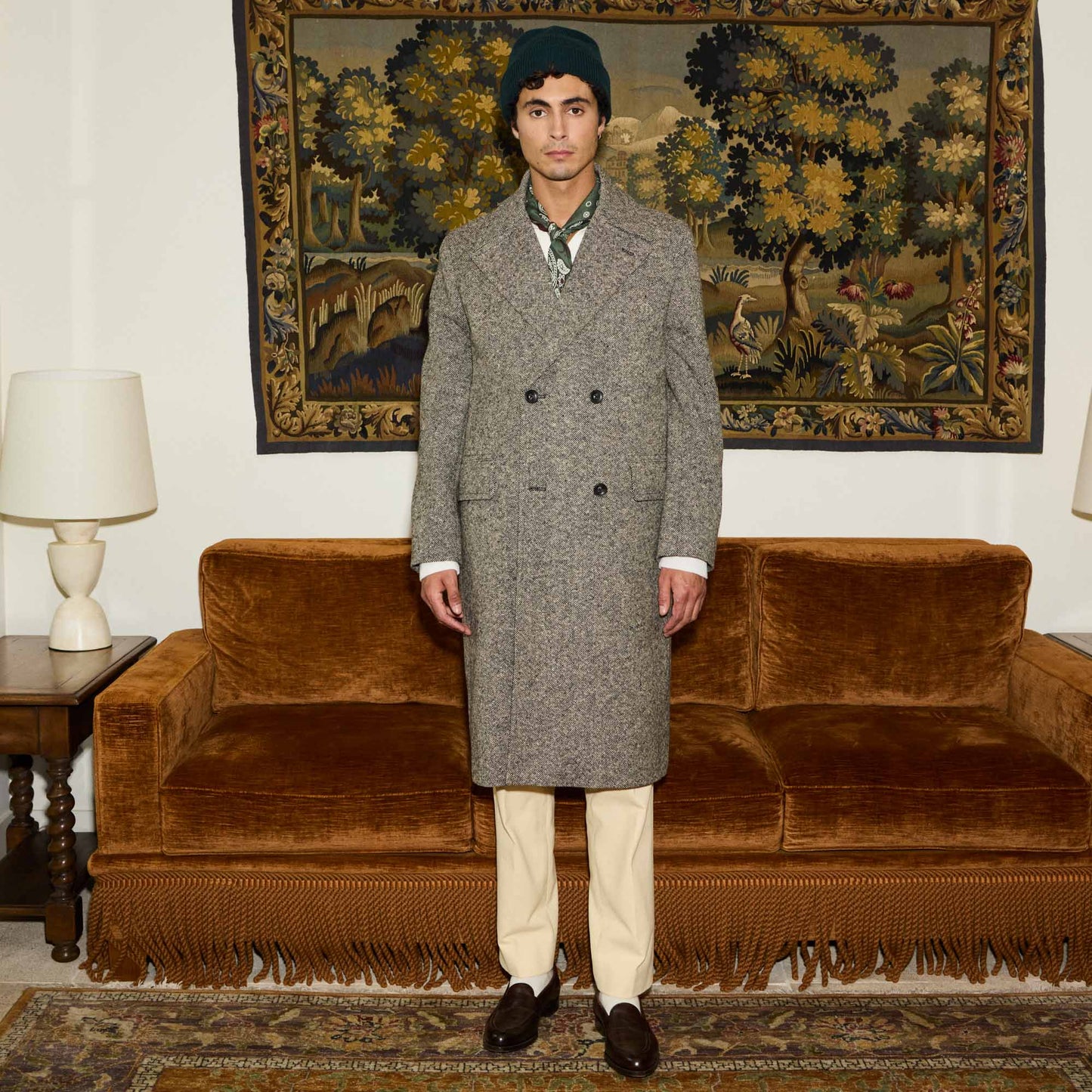 Manteau croisé en Donegal chiné écru et noir