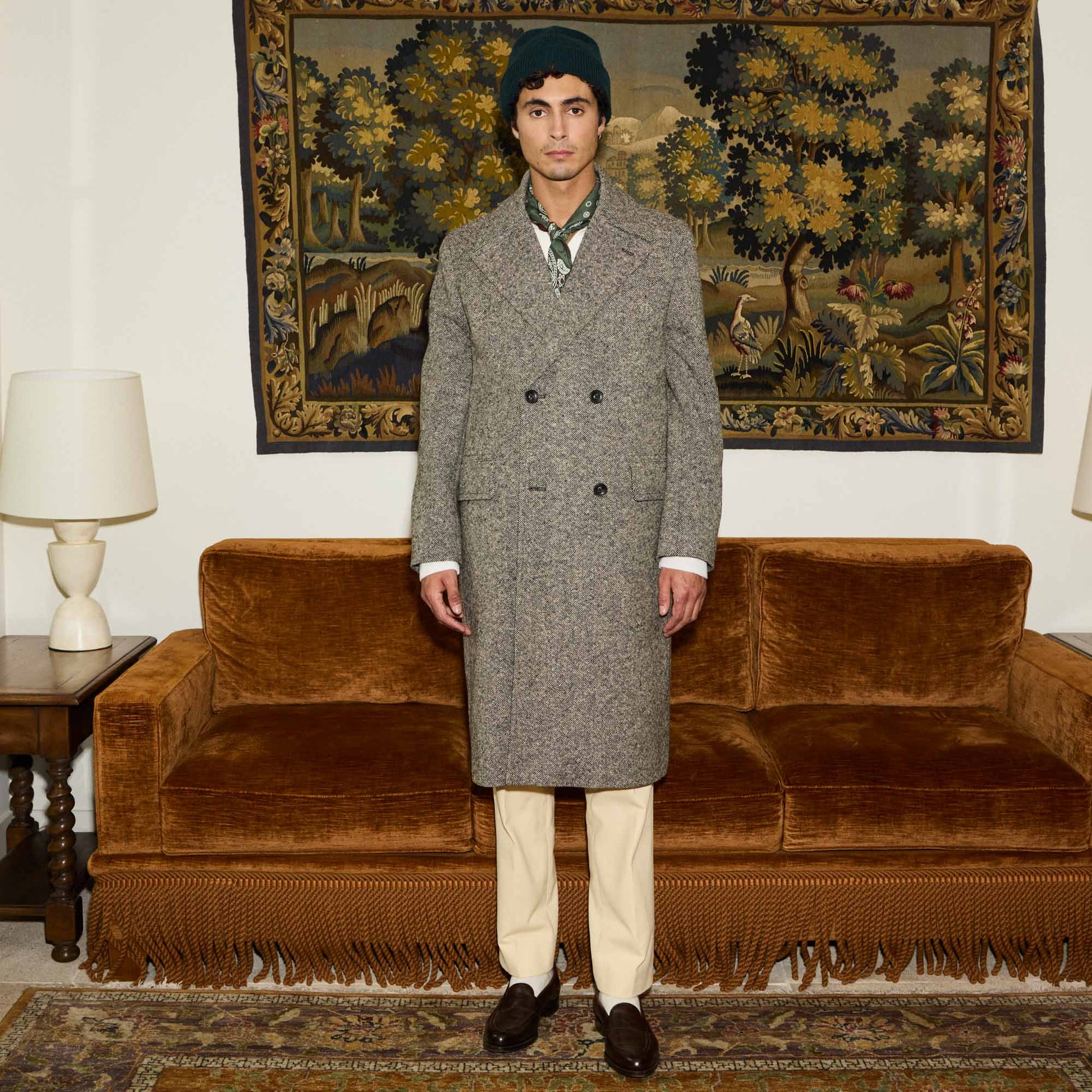 Manteau croisé en Donegal chiné écru et noir