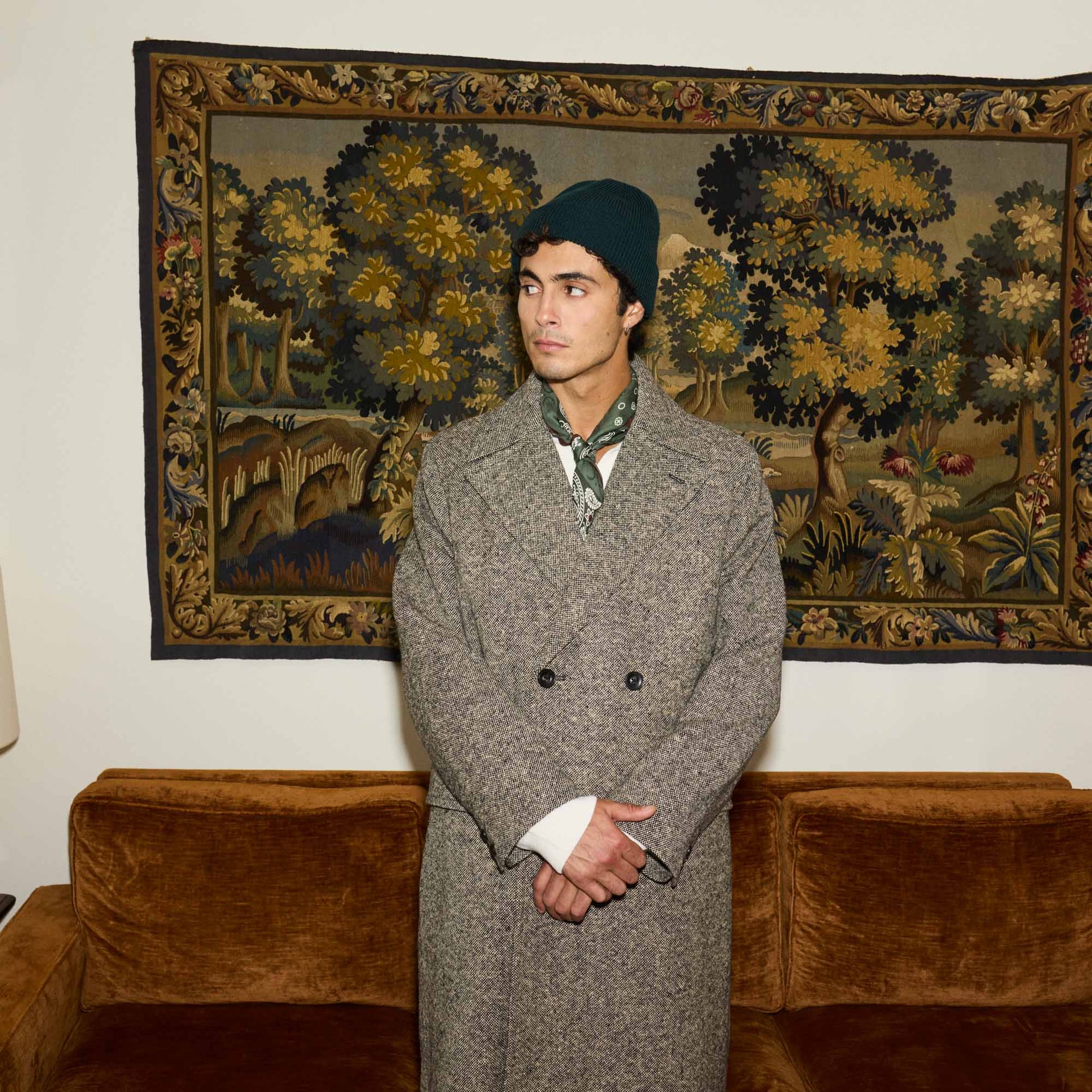 Manteau croisé en Donegal chiné écru et noir