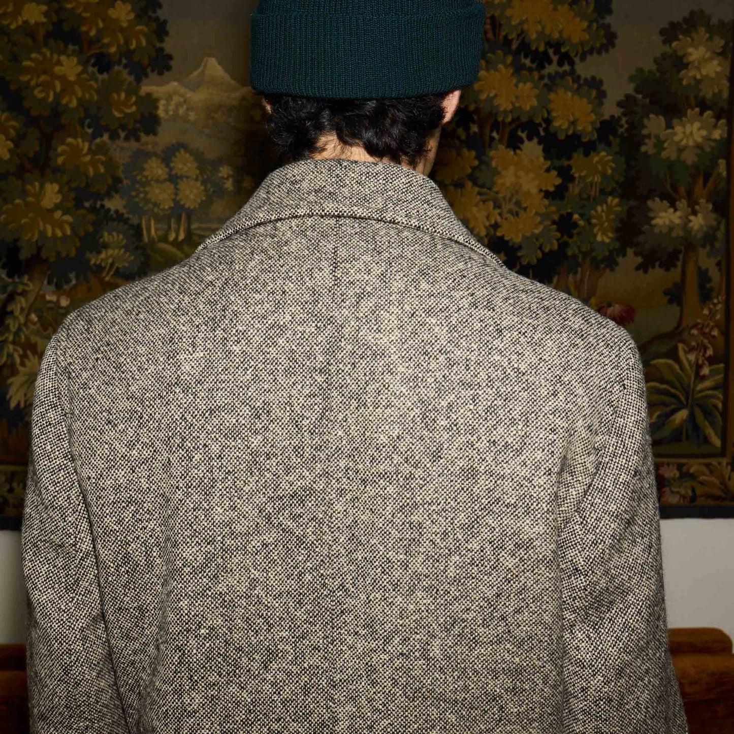 Manteau croisé en Donegal chiné écru et noir