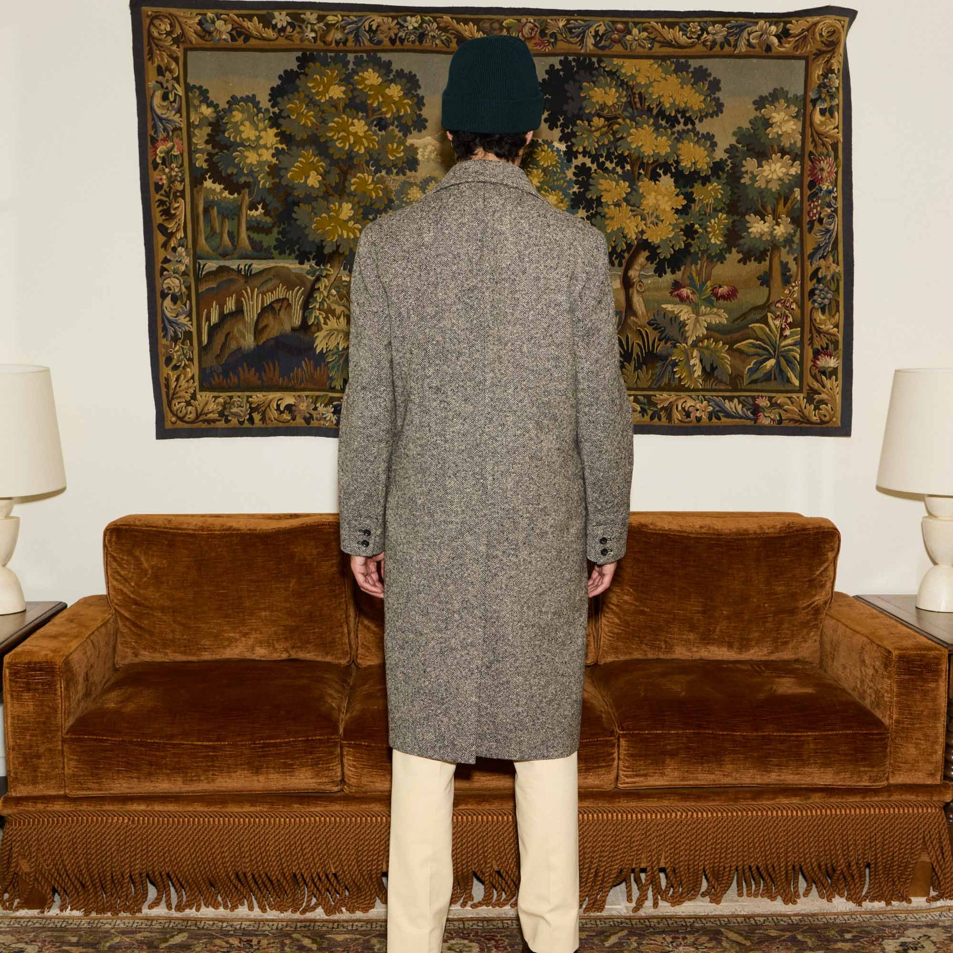 Manteau croisé en Donegal chiné écru et noir