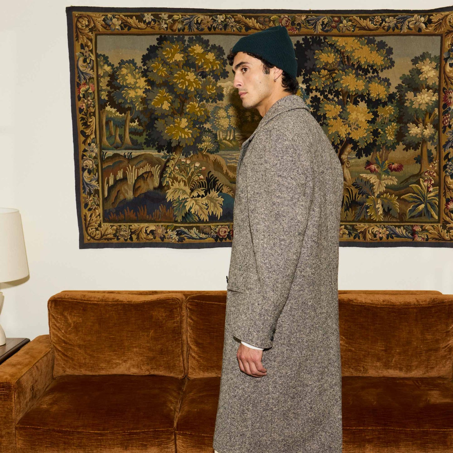 Manteau croisé en Donegal chiné écru et noir