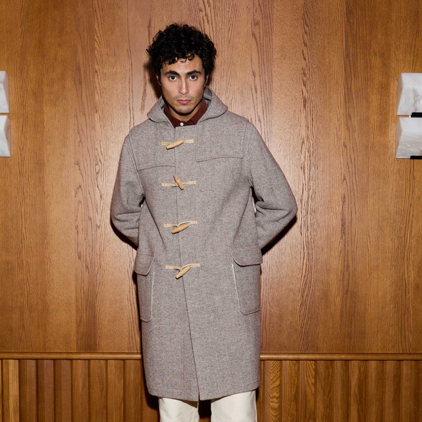 Duffle-coat laine chevrons écru et beige