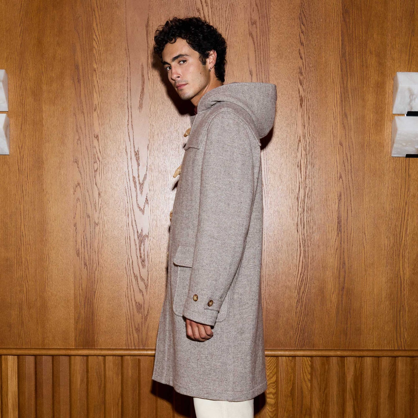 Duffle-coat laine chevrons écru et beige