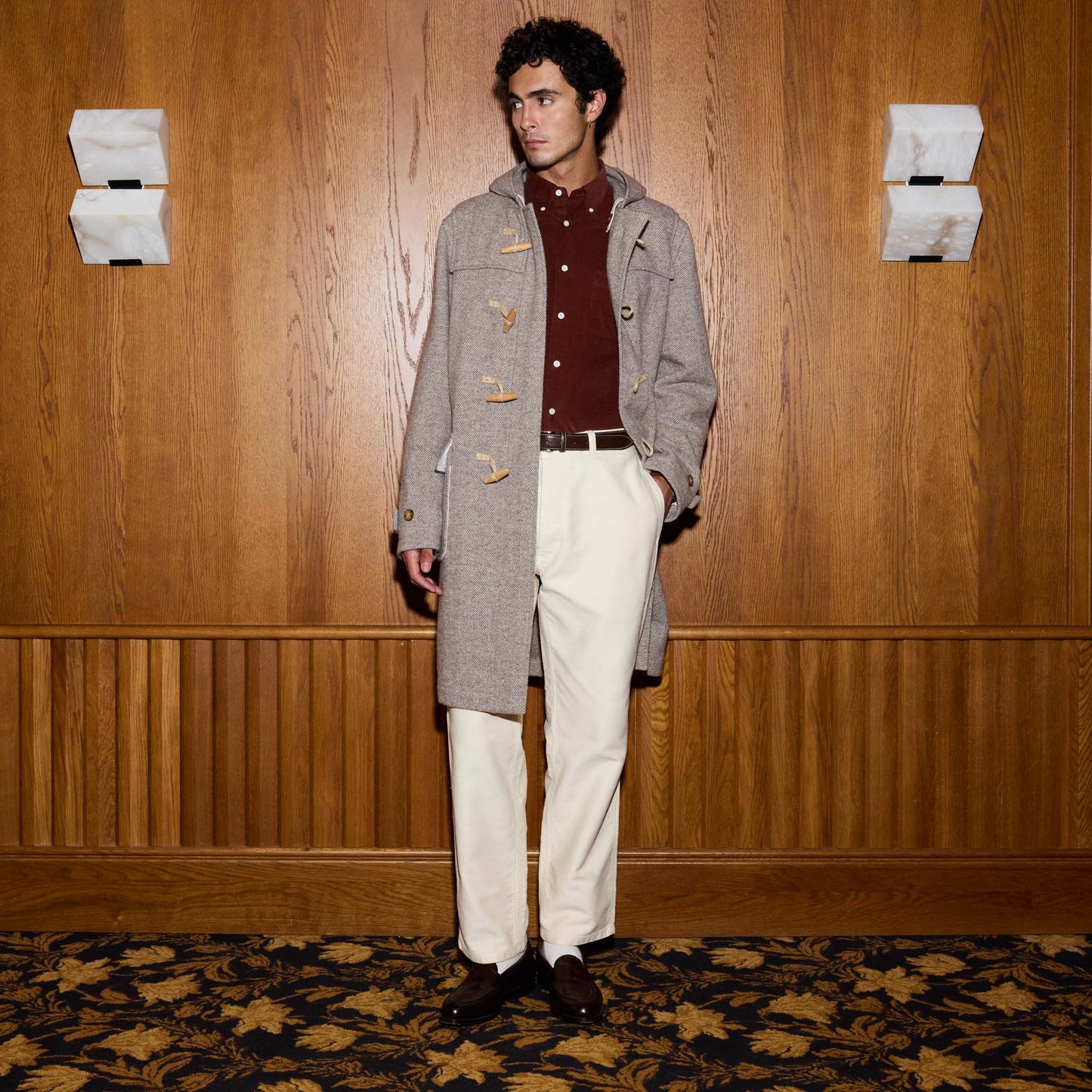 Duffle-coat laine chevrons écru et beige