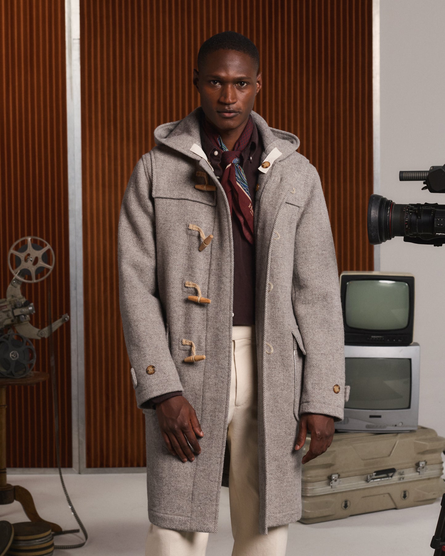 Wool duffle coat in ecru and beige herringbone