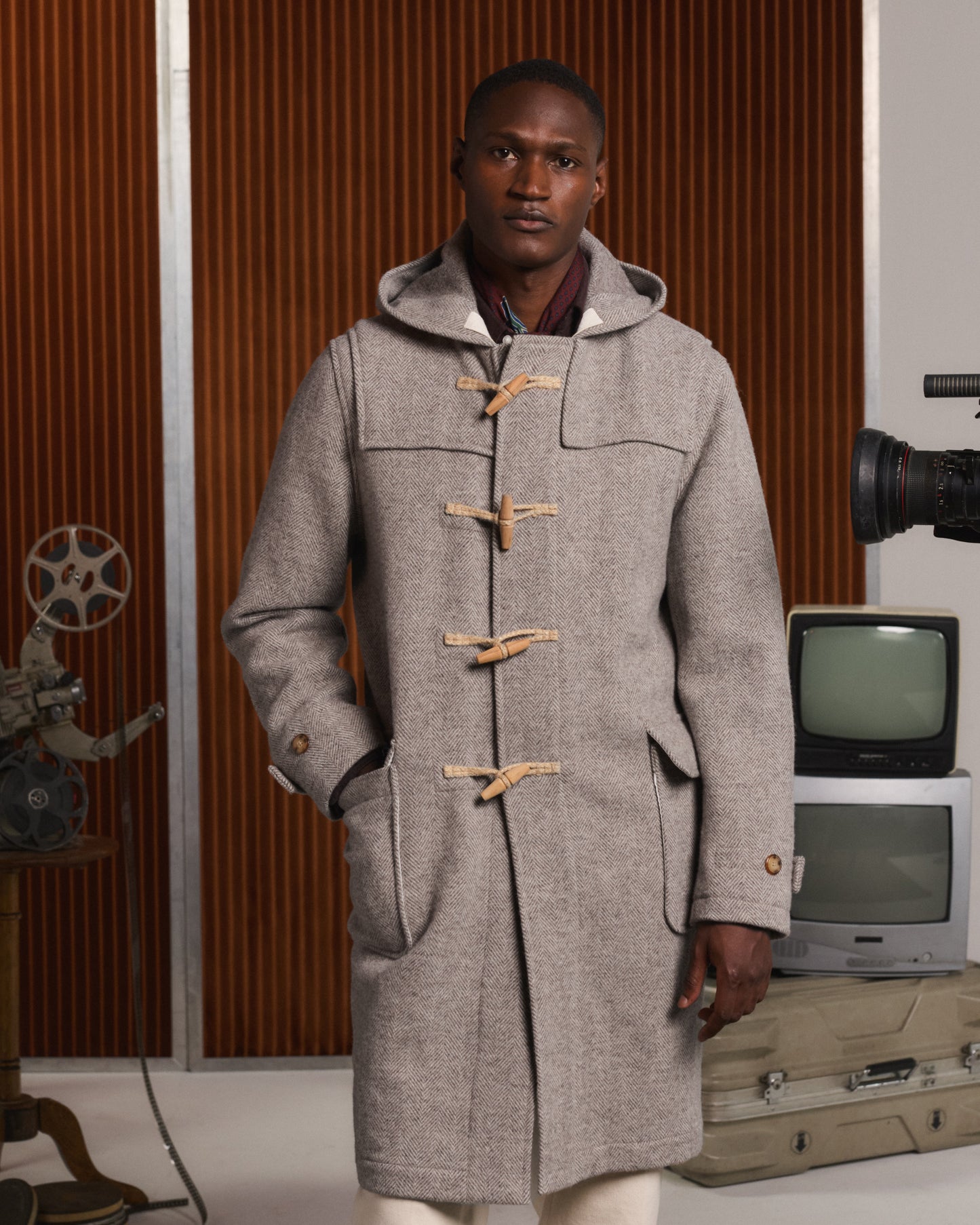 Wool duffle coat in ecru and beige herringbone