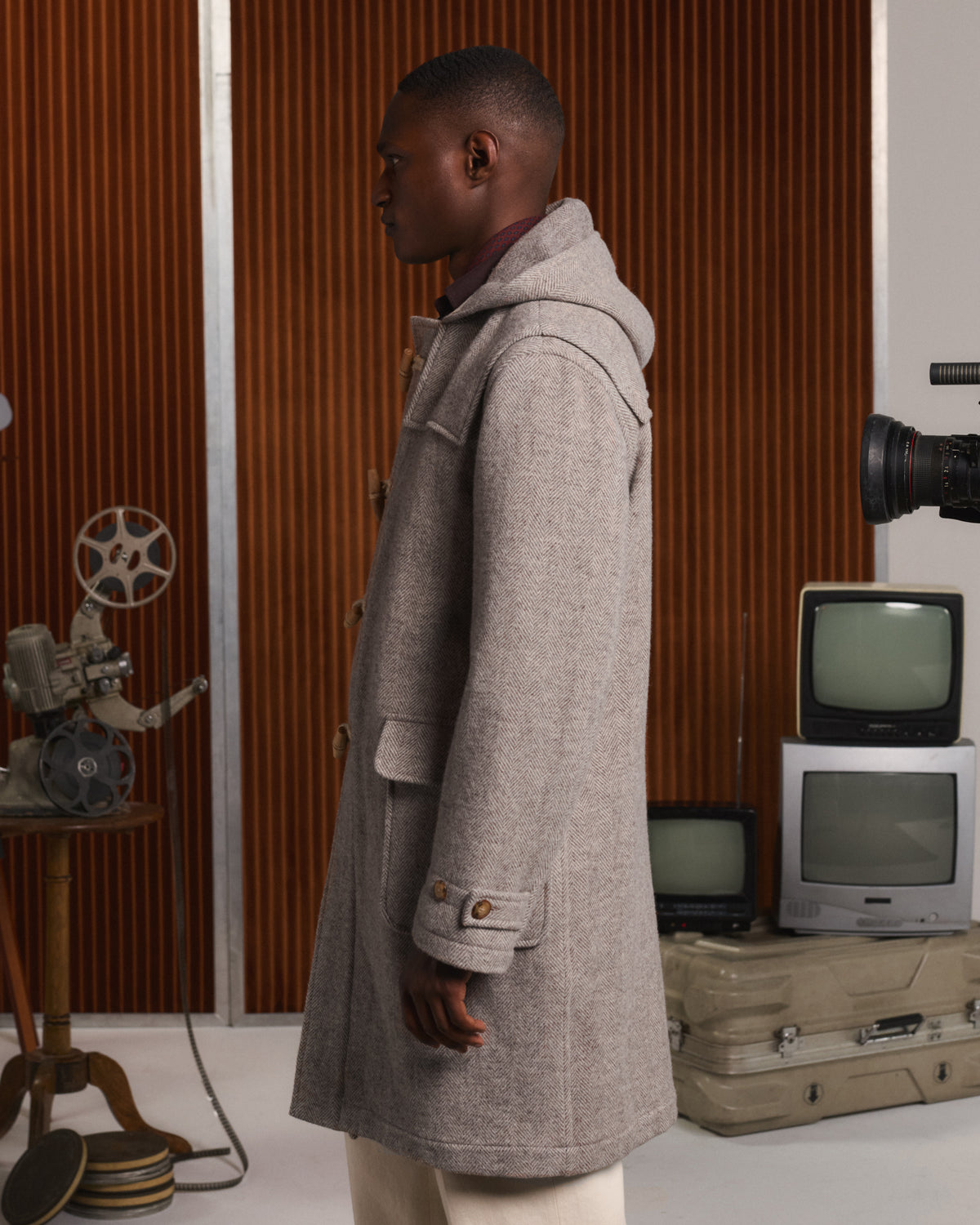 Wool duffle coat in ecru and beige herringbone