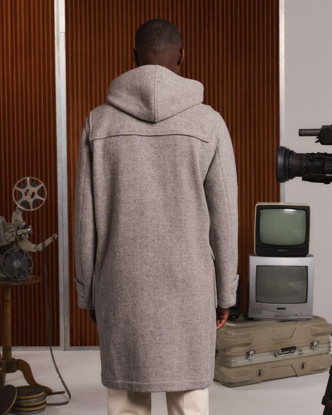 Duffle-coat en laine à chevrons écru et beige