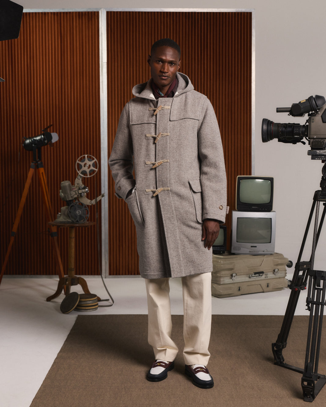 Duffle-coat en laine à chevrons écru et beige