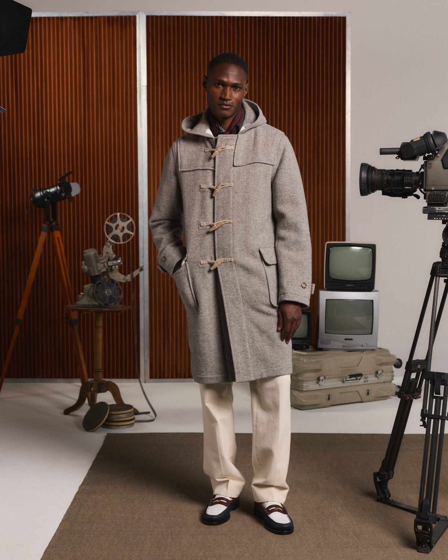 Wool duffle coat in ecru and beige herringbone