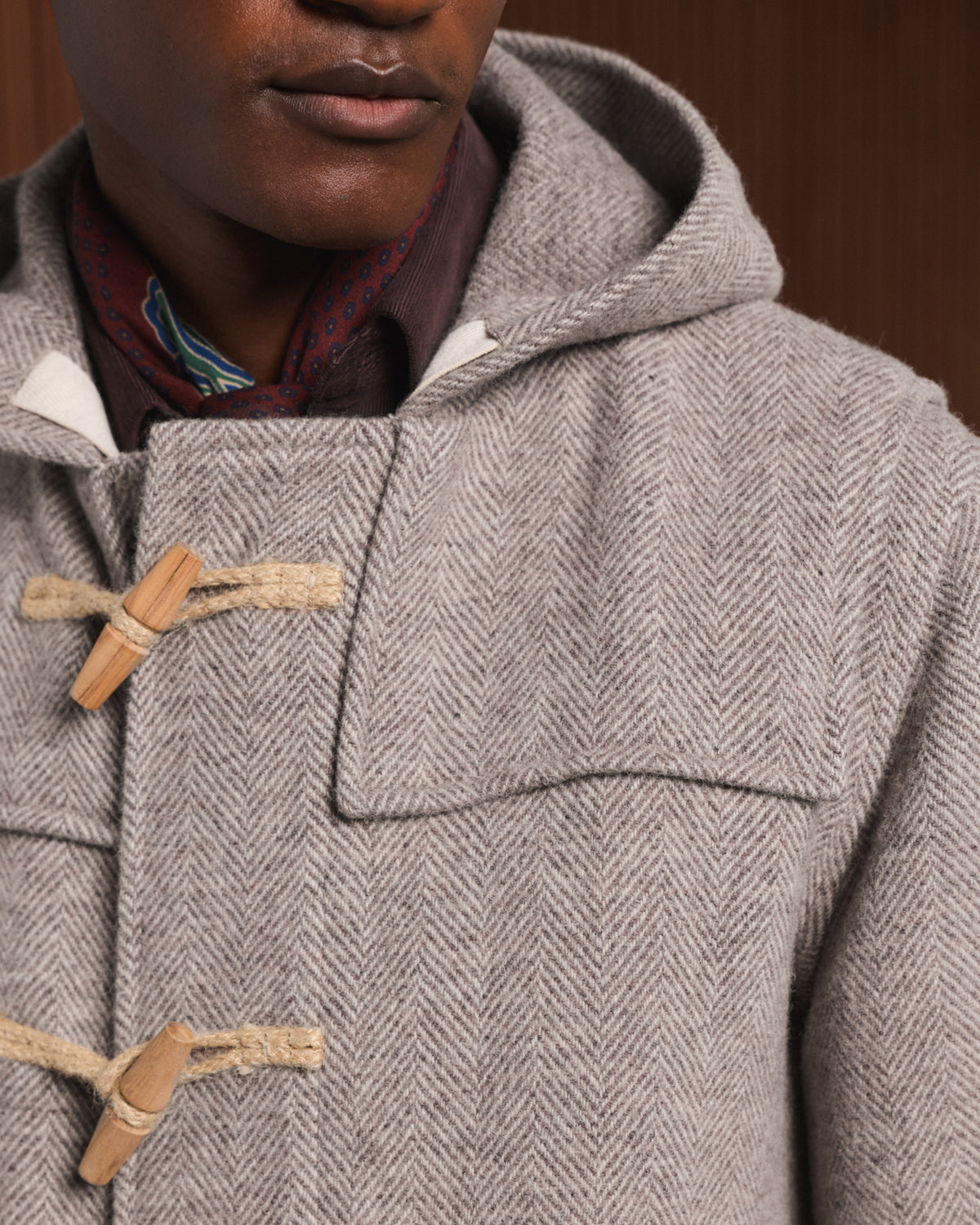 Wool duffle coat in ecru and beige herringbone