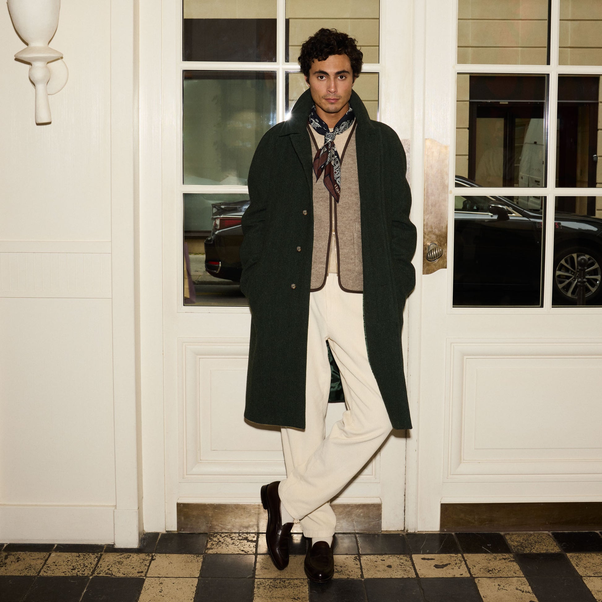 Manteau balmacaan en laine vierge vert chiné