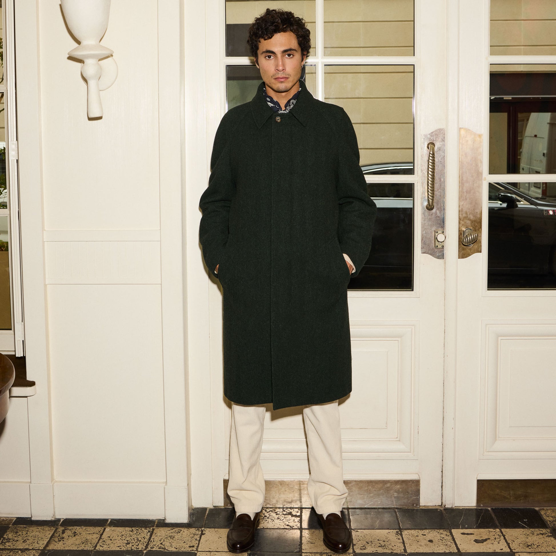 Manteau balmacaan en laine vierge vert chiné