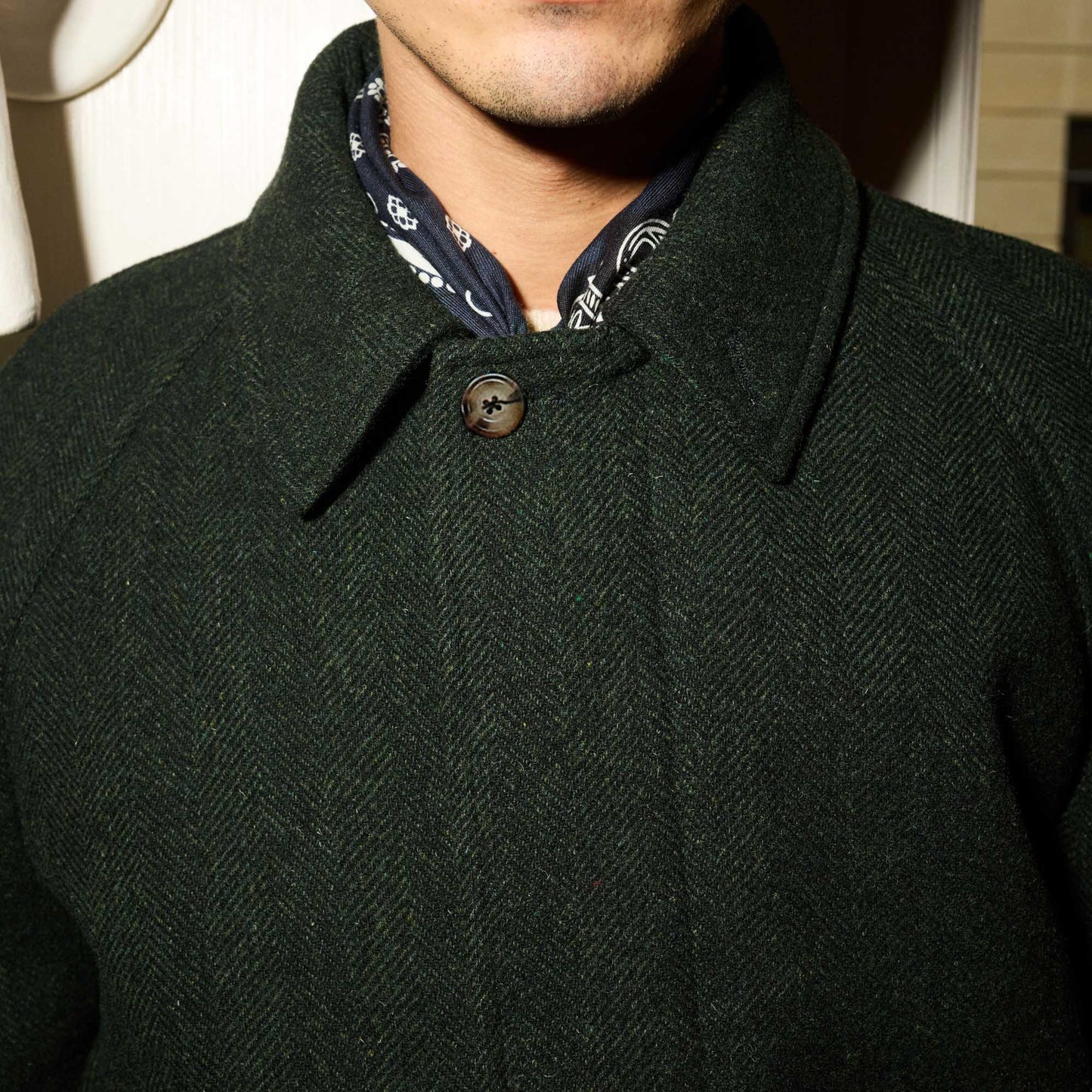 Manteau balmacaan en laine vierge vert chiné