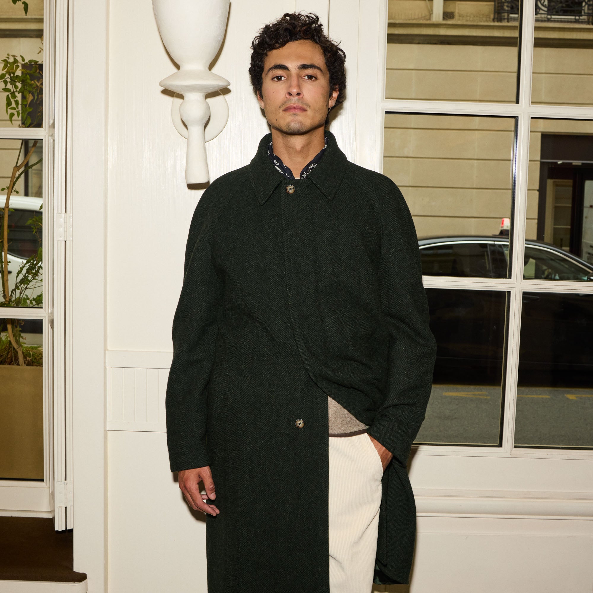 Manteau balmacaan laine vert chiné