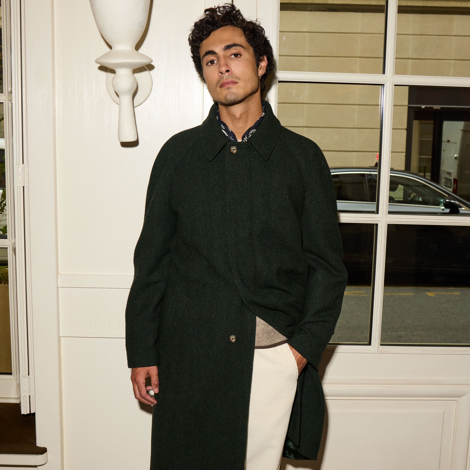 Balmacaan coat in heathered green virgin wool | Hast – Hast Paris